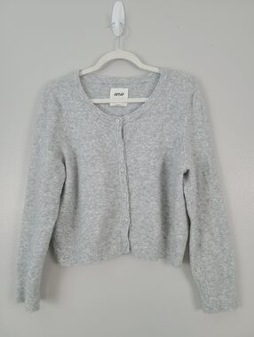 Aerie Heather Gray Fuzzy Warm Cropped Button-Front Crewneck Cardigan Sweater XL